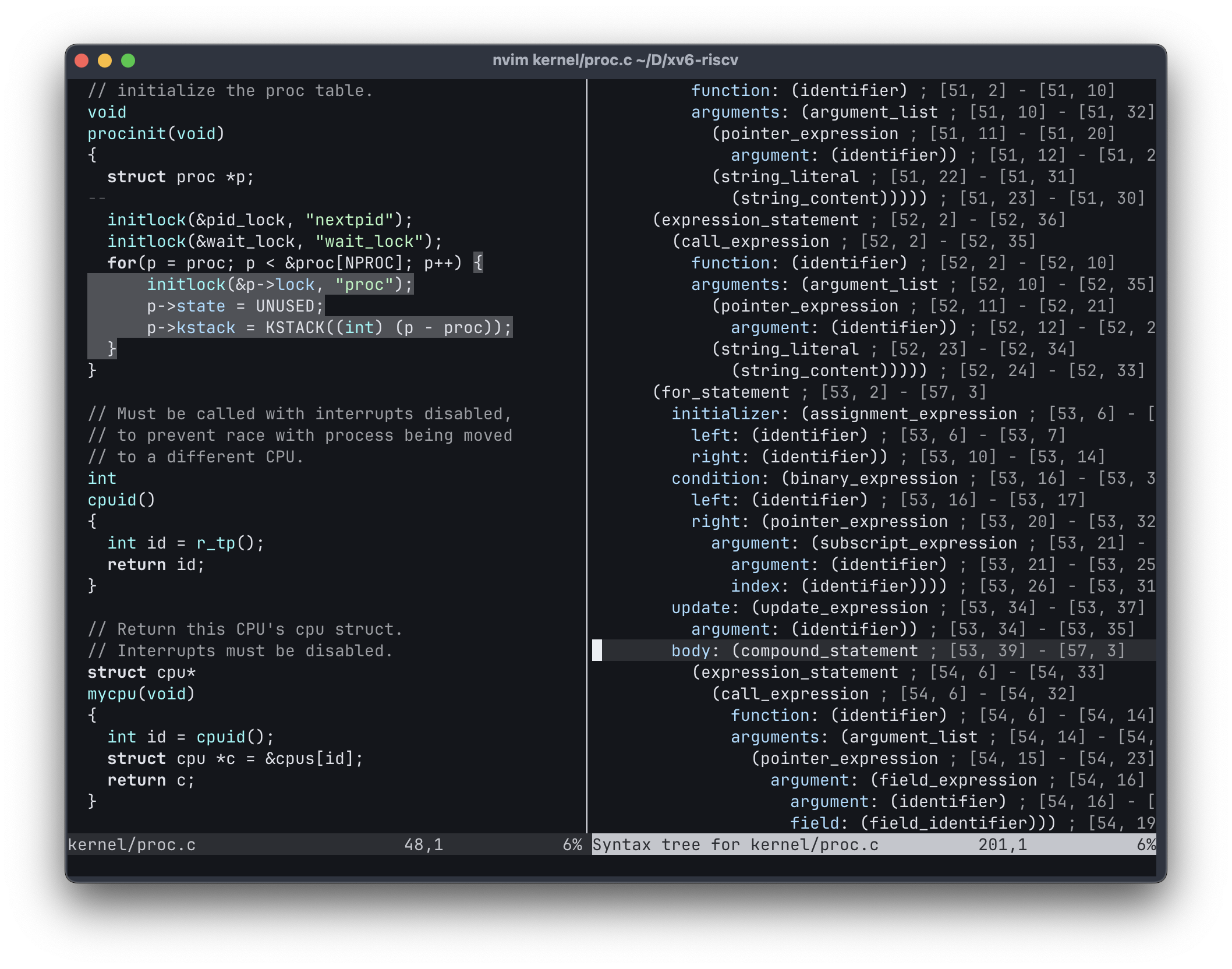 Screenshot of the :InspectTree command in Nvim