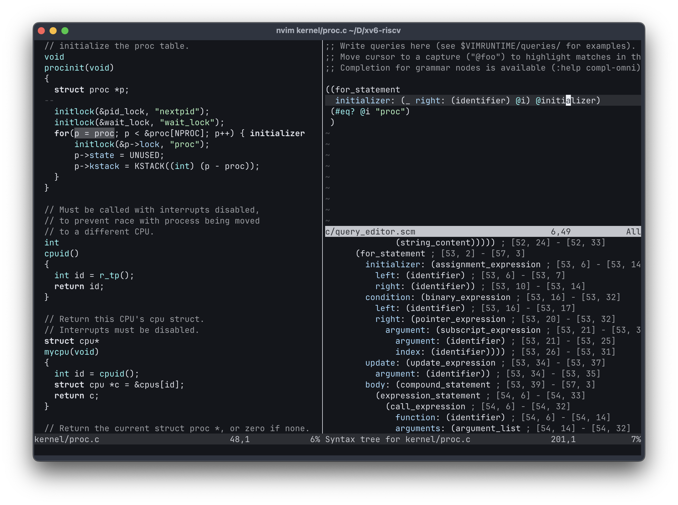 Screenshot of the :EditQuery command in Nvim