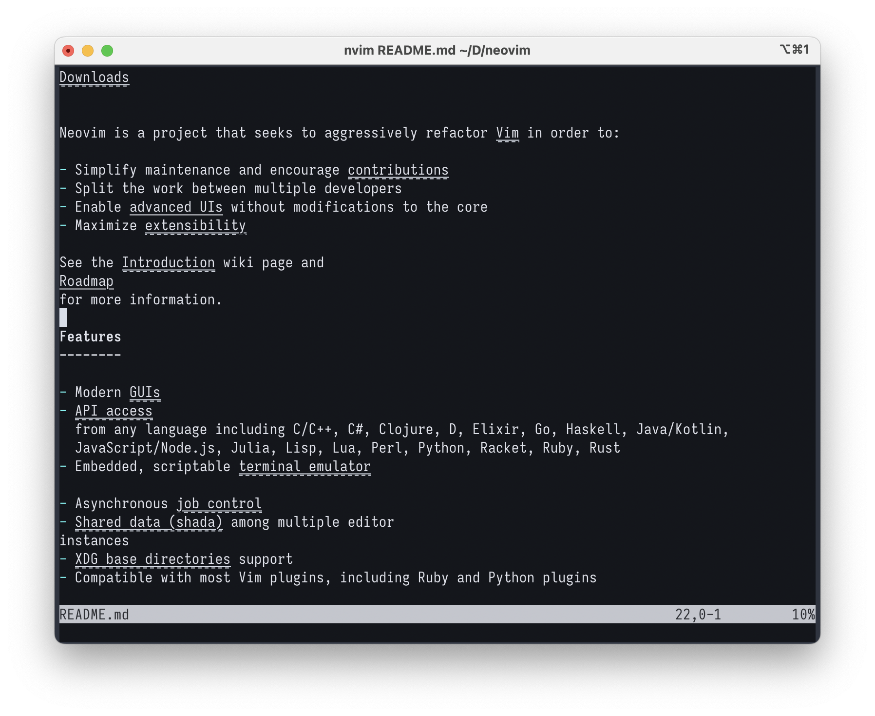 Screenshot of the Neovim README opened in Nvim